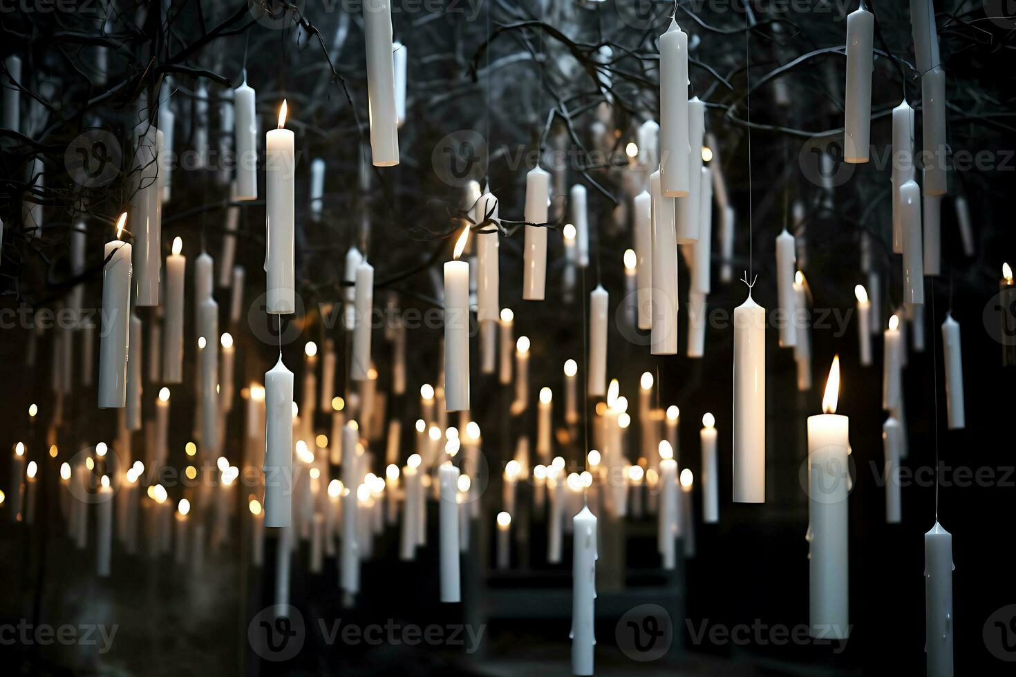 Long white candles float in the air. Halloween decor. AI Generative