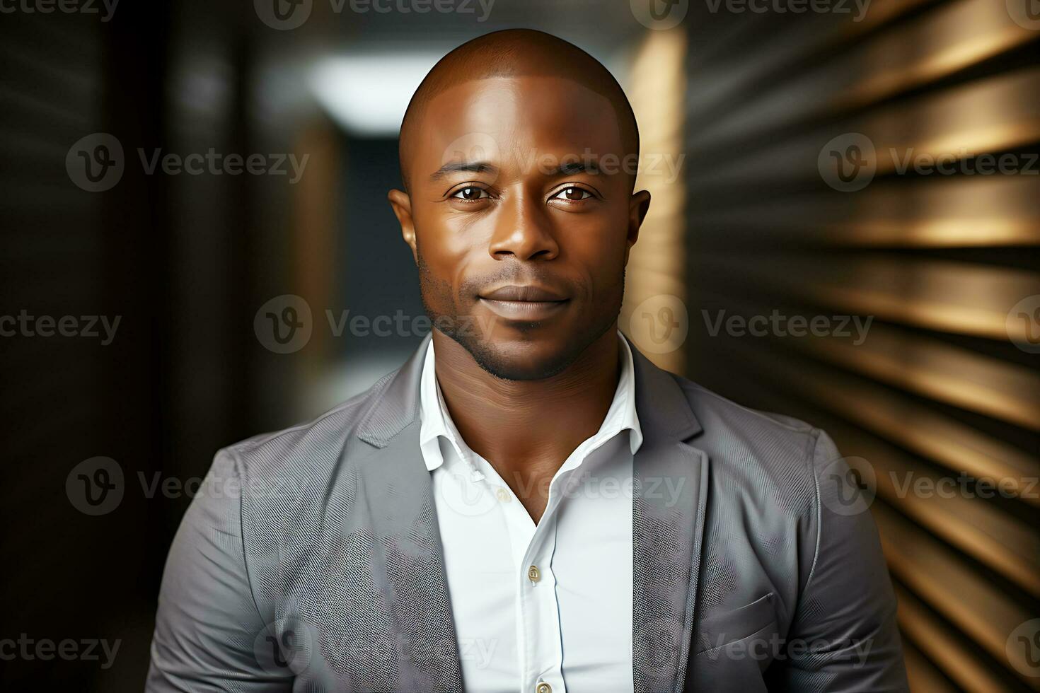 Portrait of a young African American man in a blue shirt and jacket. The man looks positively into the camera.  AI Generative photo