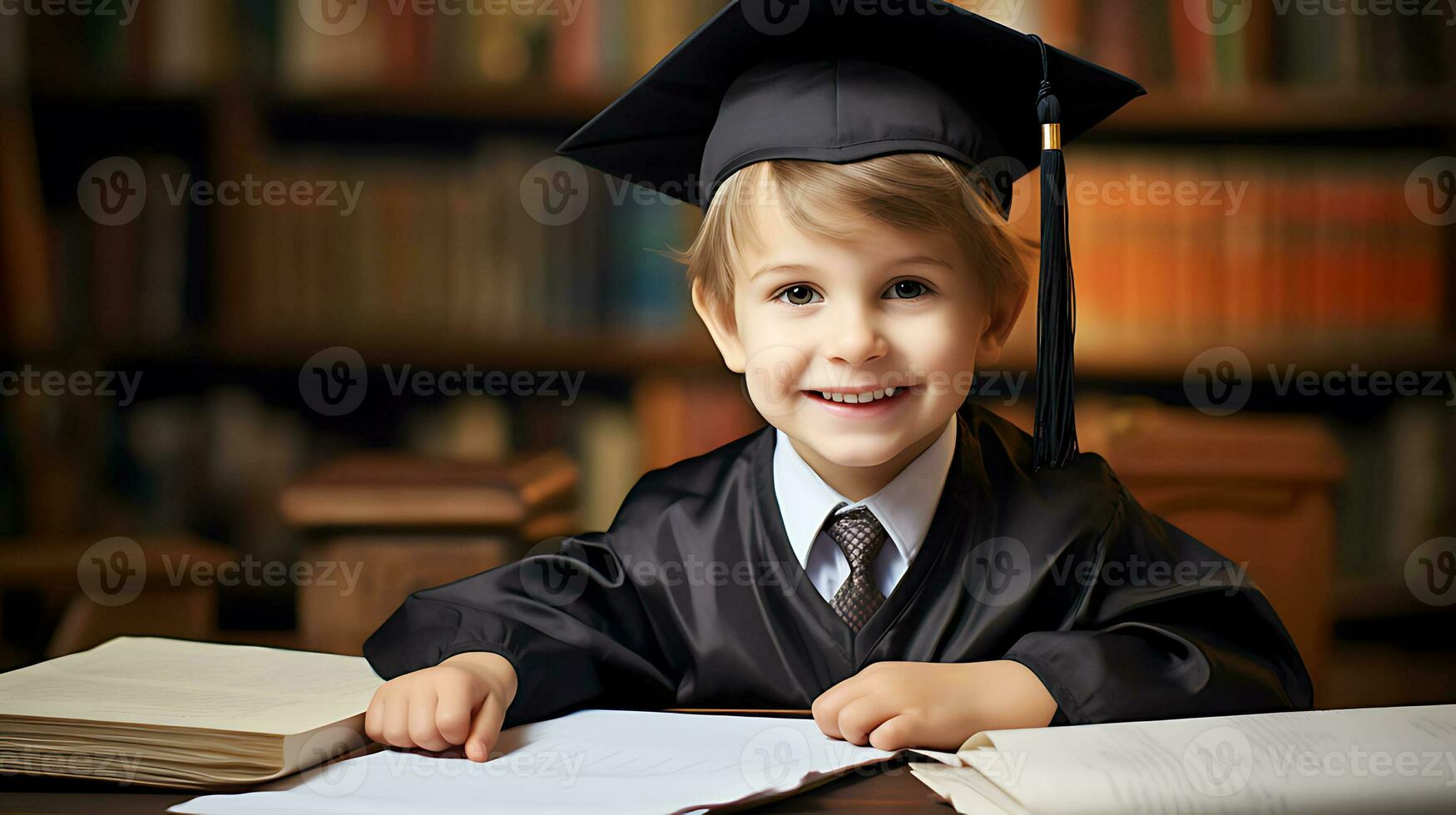 un niño chico en un negro túnica y gorra se sienta a un mesa en un biblioteca con abierto libros. el concepto de el comenzando de el colegio año. ai generativo foto