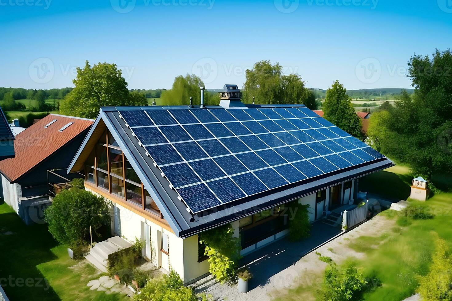 Solar panels on the roof of a residential building. AI Generative photo
