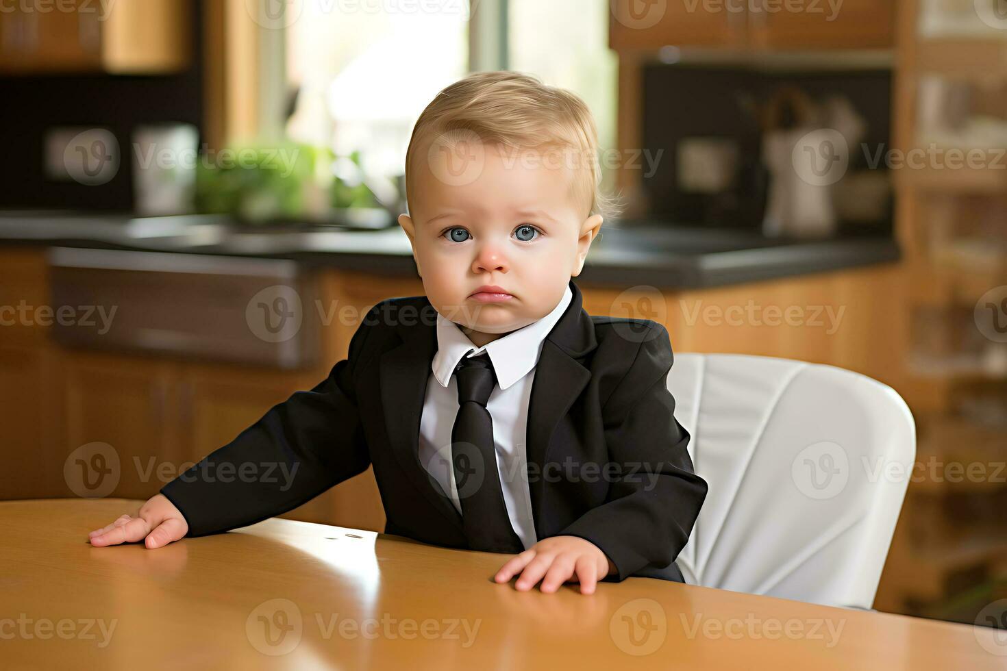 A cute blond child in a business suit is sitting at the table on the kitchen and waiting for breakfast. AI Generative photo
