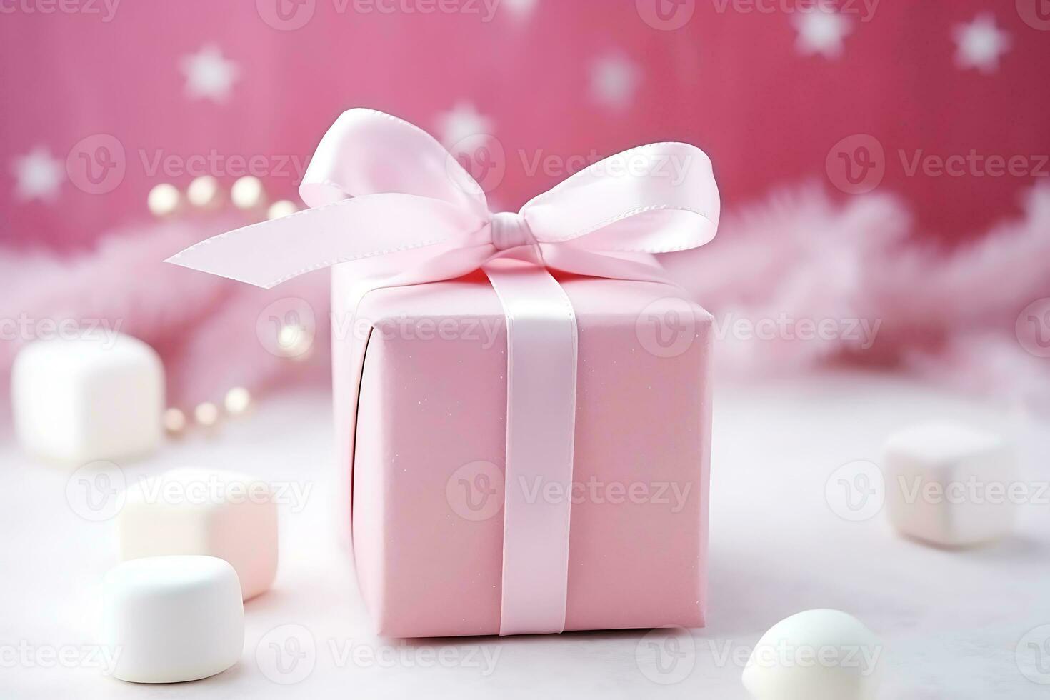 AI generative. Christmas pink gift in marshmallow shape on pink background photo