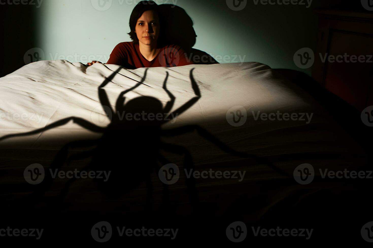 AI Generative. A huge shadow from a bed bug falls on the bed at night. Concept of having bed bugs indoors photo