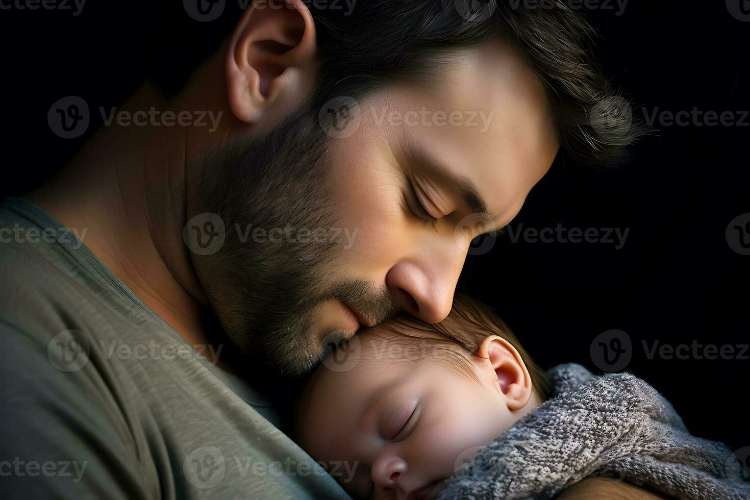 AI Generative. Young father hugs and kisses newborn baby. Horizontal photo