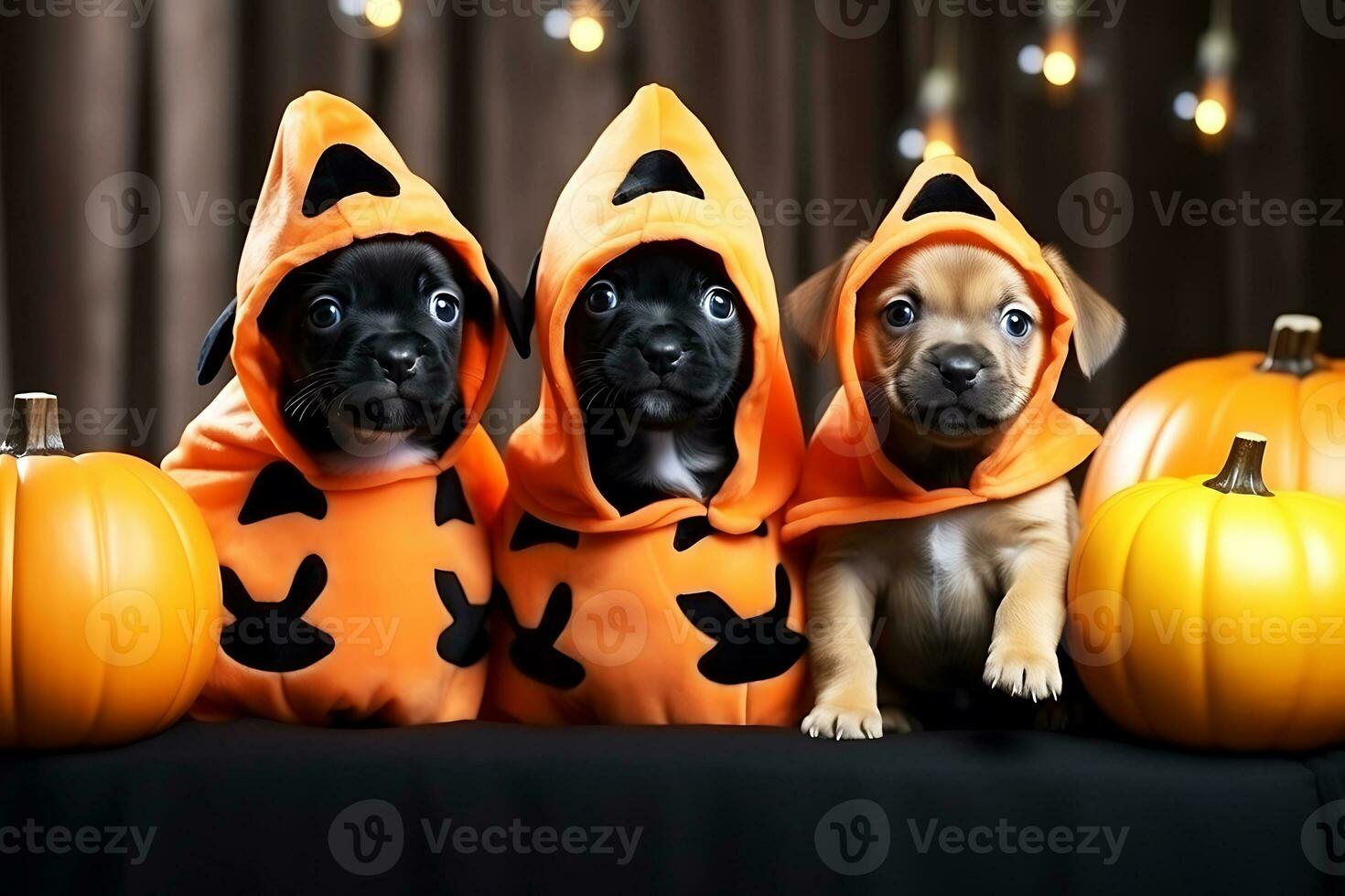 Three puppies in Halloween costumes pose for the camera while sitting on the black couch.  AI Generative photo
