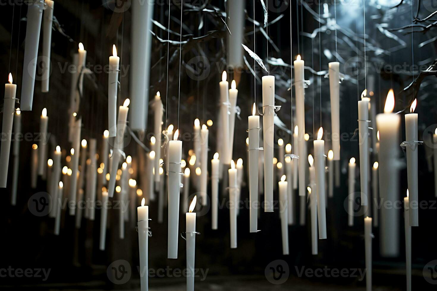 AI Generative. Long white candles float in the air. Halloween decor. Horizontal photo