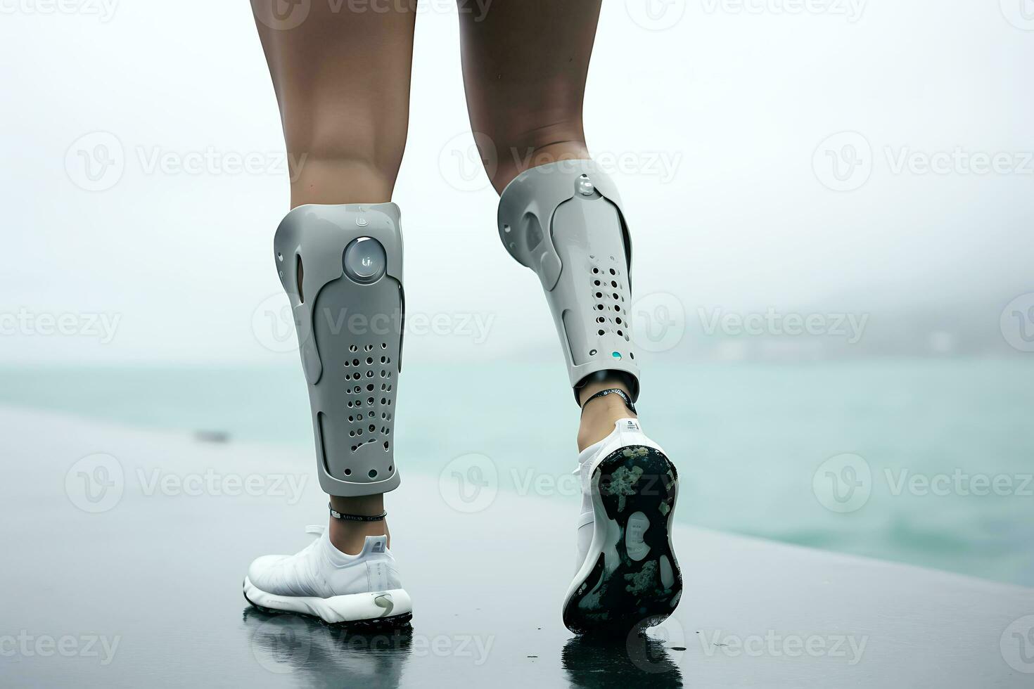 Prostheses on the legs of a young disabled woman. A woman walks along the pier along the sea in cloudy weather. Legs close up. AI Generative photo