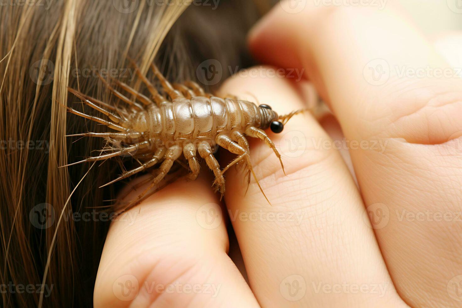 AI Generative. A large insect crawls along a girl's hand. Concept of tactile hallucinations photo