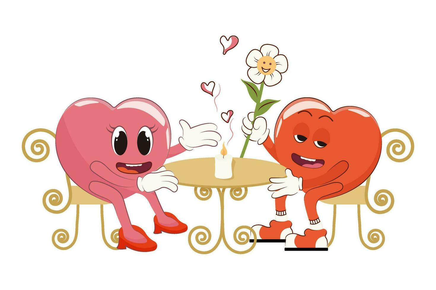 Retro Happy Valentine's Day. Together at a table in a cafe. Happy characters in love. Retro characters. Vector illustration