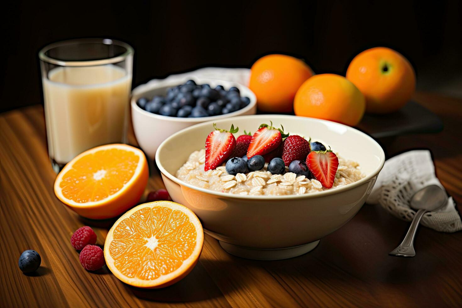 Healthy breakfast with oatmeal, berries and milk on wooden table, Chia seed pudding with strawberries, blueberries and banana in a glass jar, Healthy breakfast bowl with oat granola, AI Generated photo