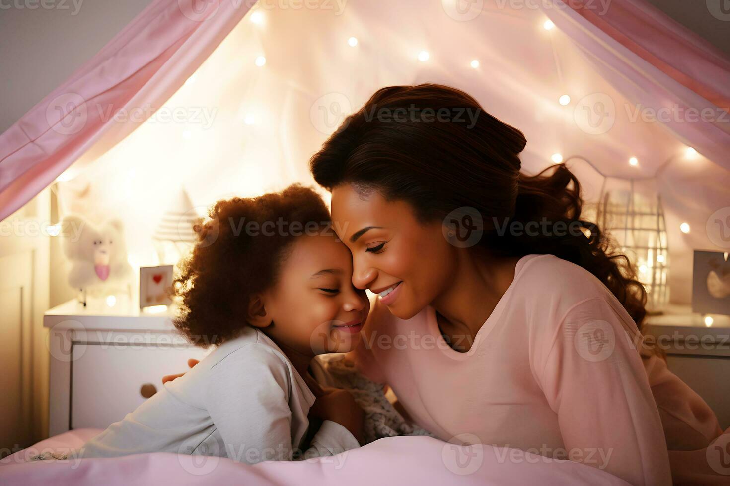 African American mother and daughter in pink clothes and in a pink children's room interior hugging and smiling. AI Generative photo