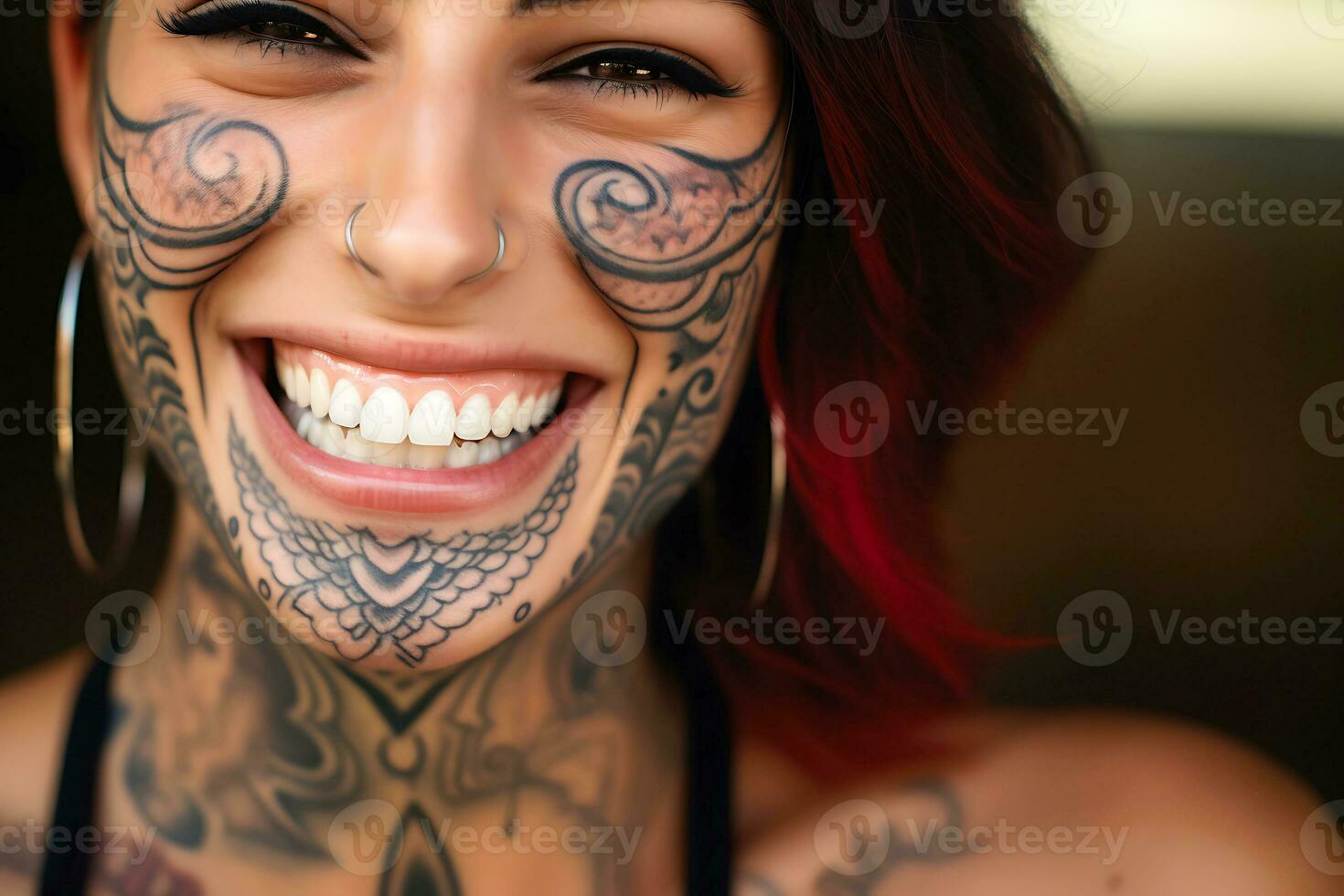 AI Generative. Healthy teeth and beautiful wide smile of a young woman with tattoos on her face and body photo