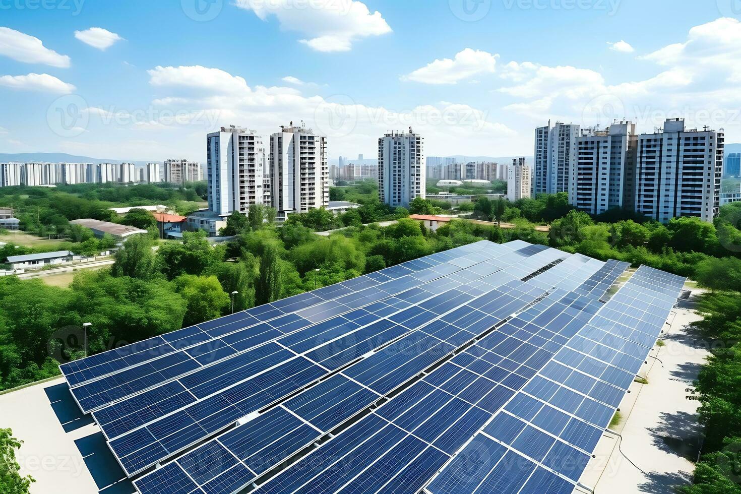 Solar Panel Installation with urban landscape landmarks, alternative electricity source, Sustainable Resources Concept. AI Generative photo