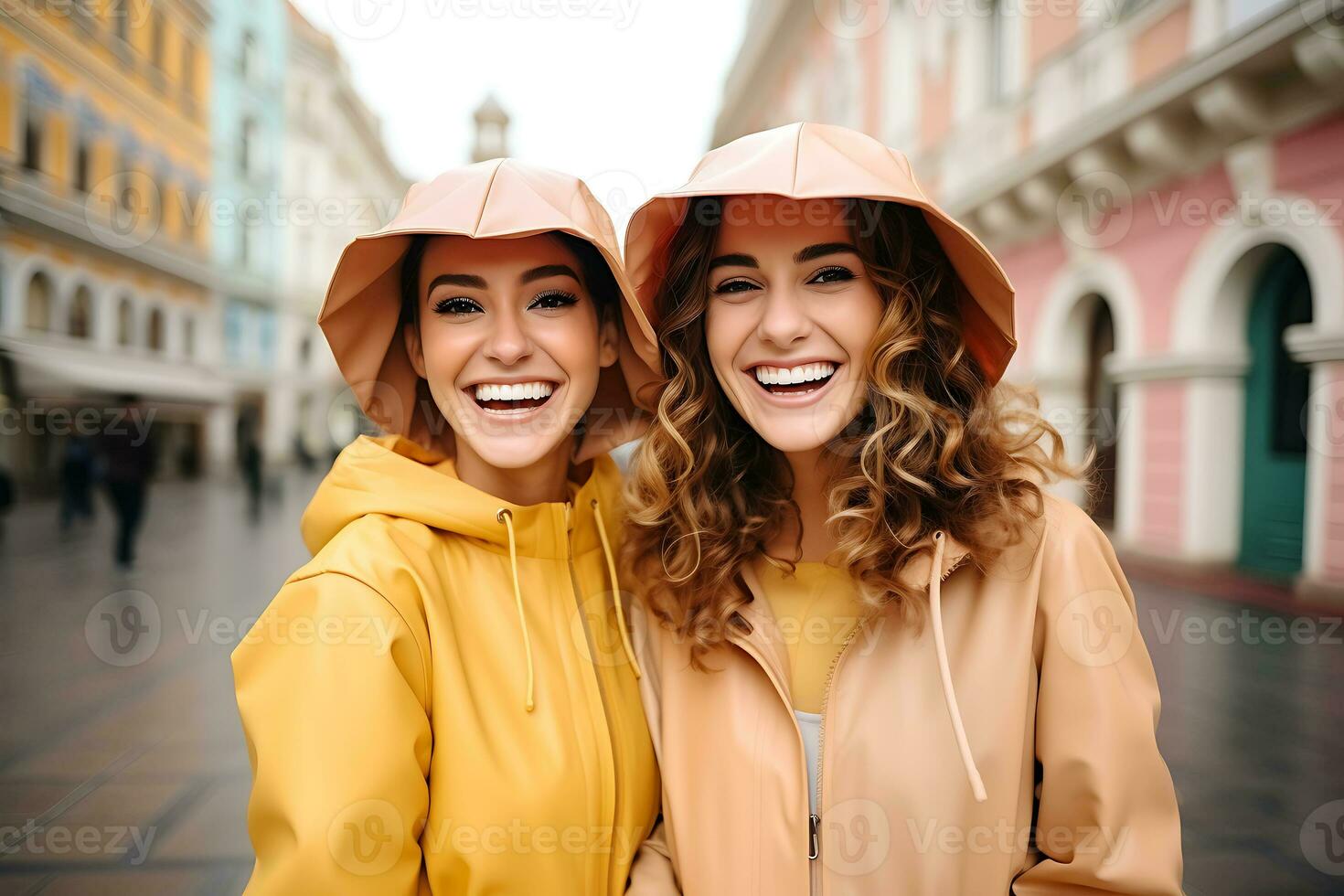 Two Hispanic brunette girls in raincoats and hats walk down the street after the rain. AI Generative photo