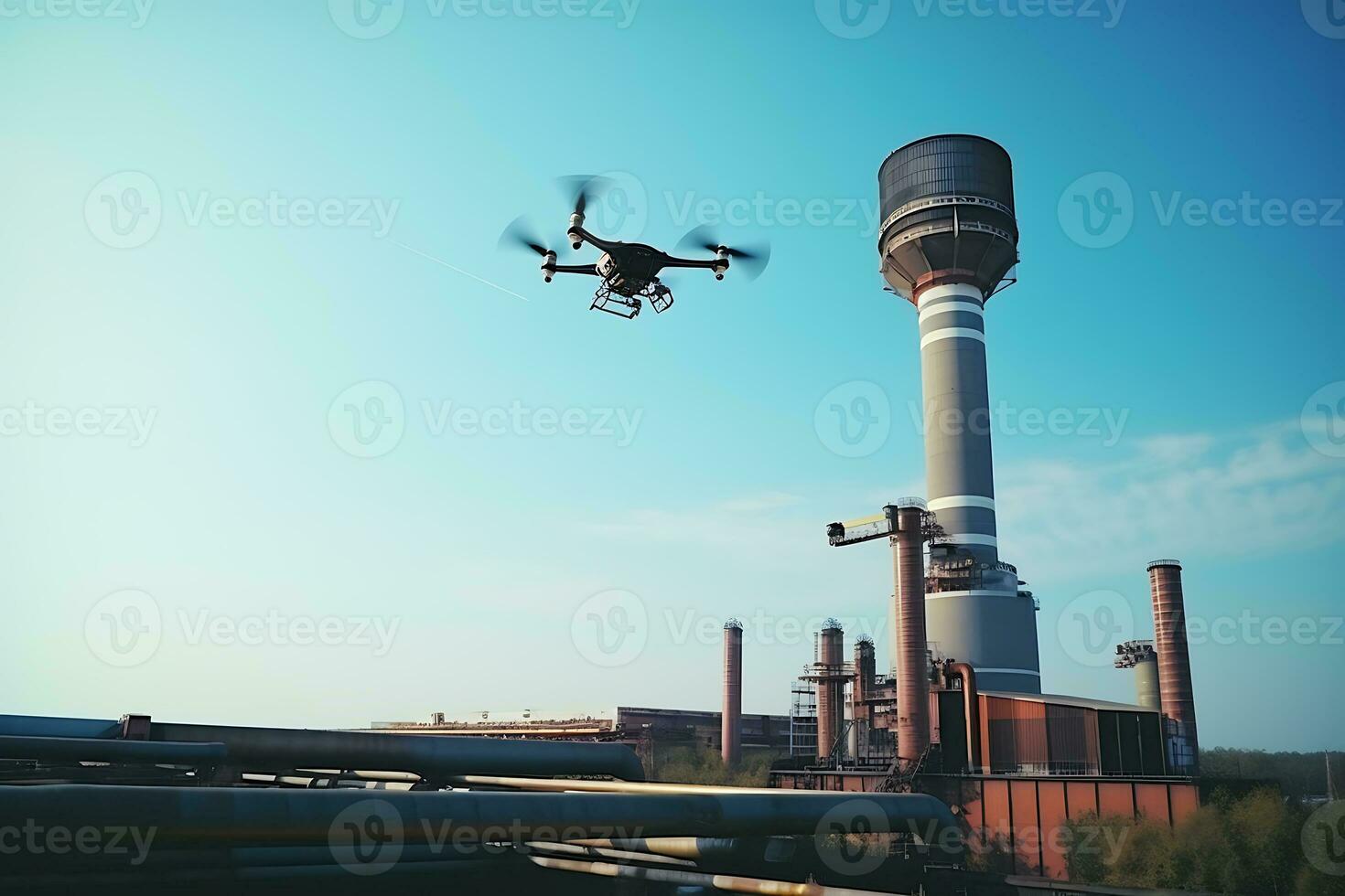 The drone flies around the factory, inspects work and looks for malfunctions. AI Generative photo