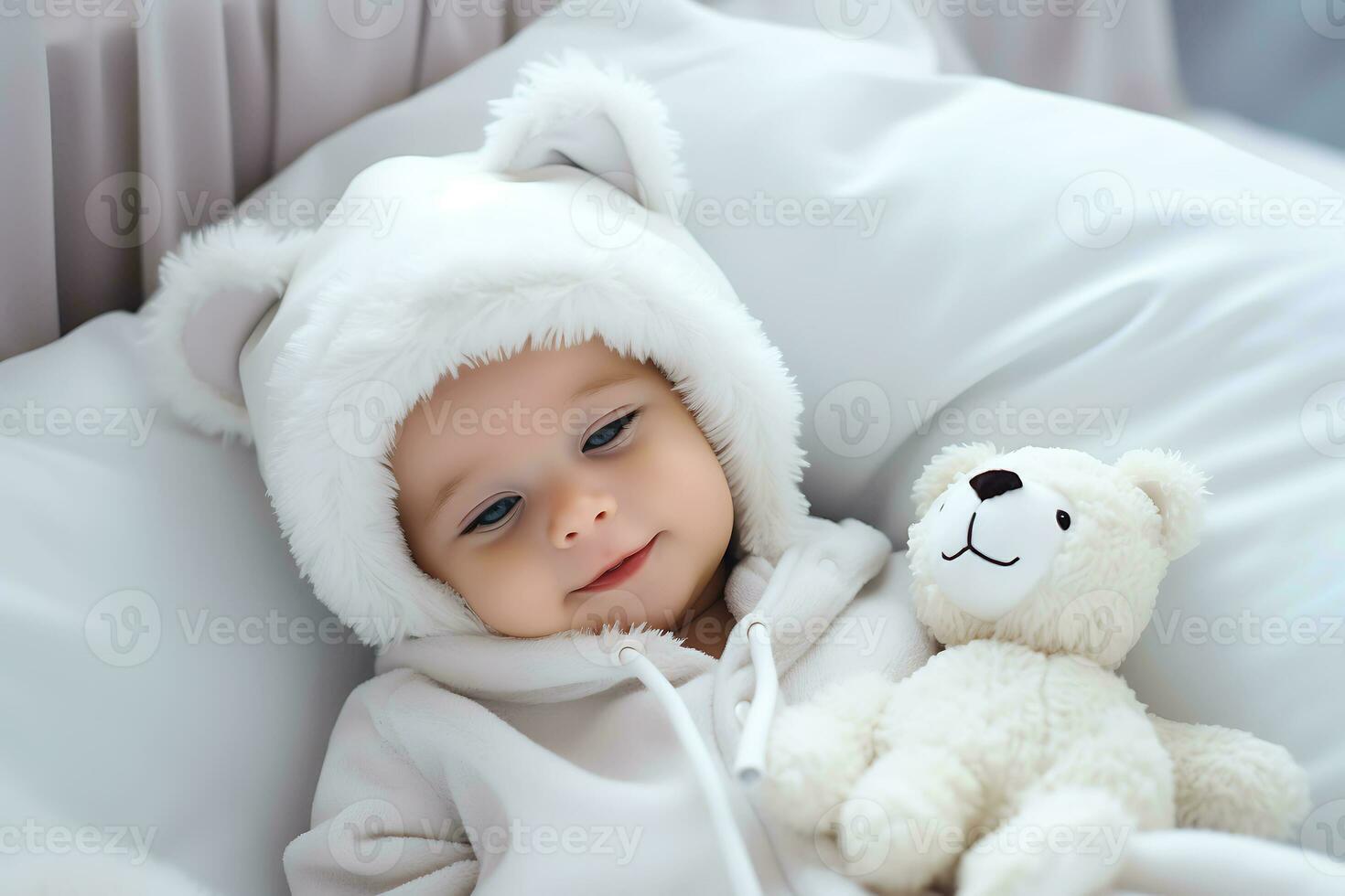 AI Generative. cute baby with teddy bears on the white bed, falling asleep or waking up in the morning, funny newborn little baby at home with toy. Horizontal photo