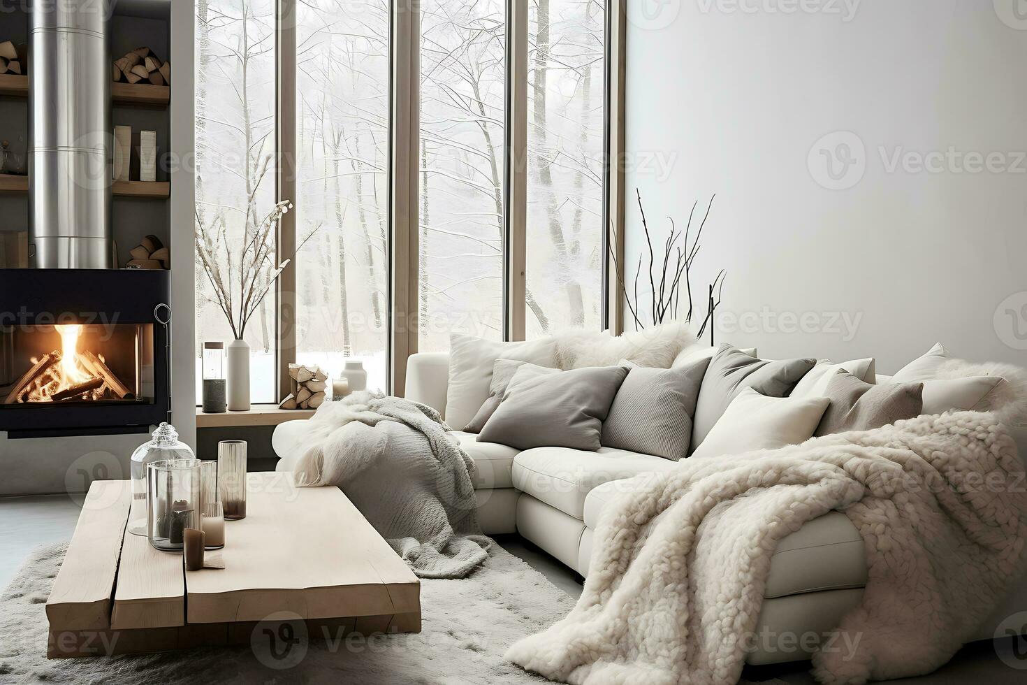 AI Generative. Cozy and stylish living room with a fireplace, a soft sofa, decorated with a fluffy blanket and soft pillows. Horizontal photo
