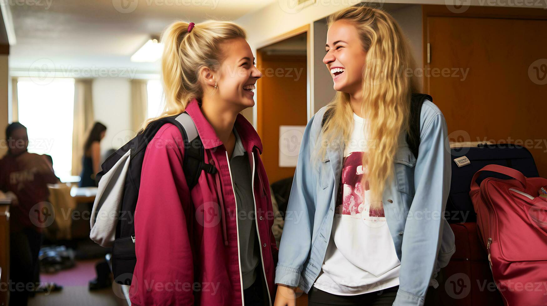 Two student girls with suitcases and backpacks are settled in a student hostel. Beginning of the school year. AI Generative photo