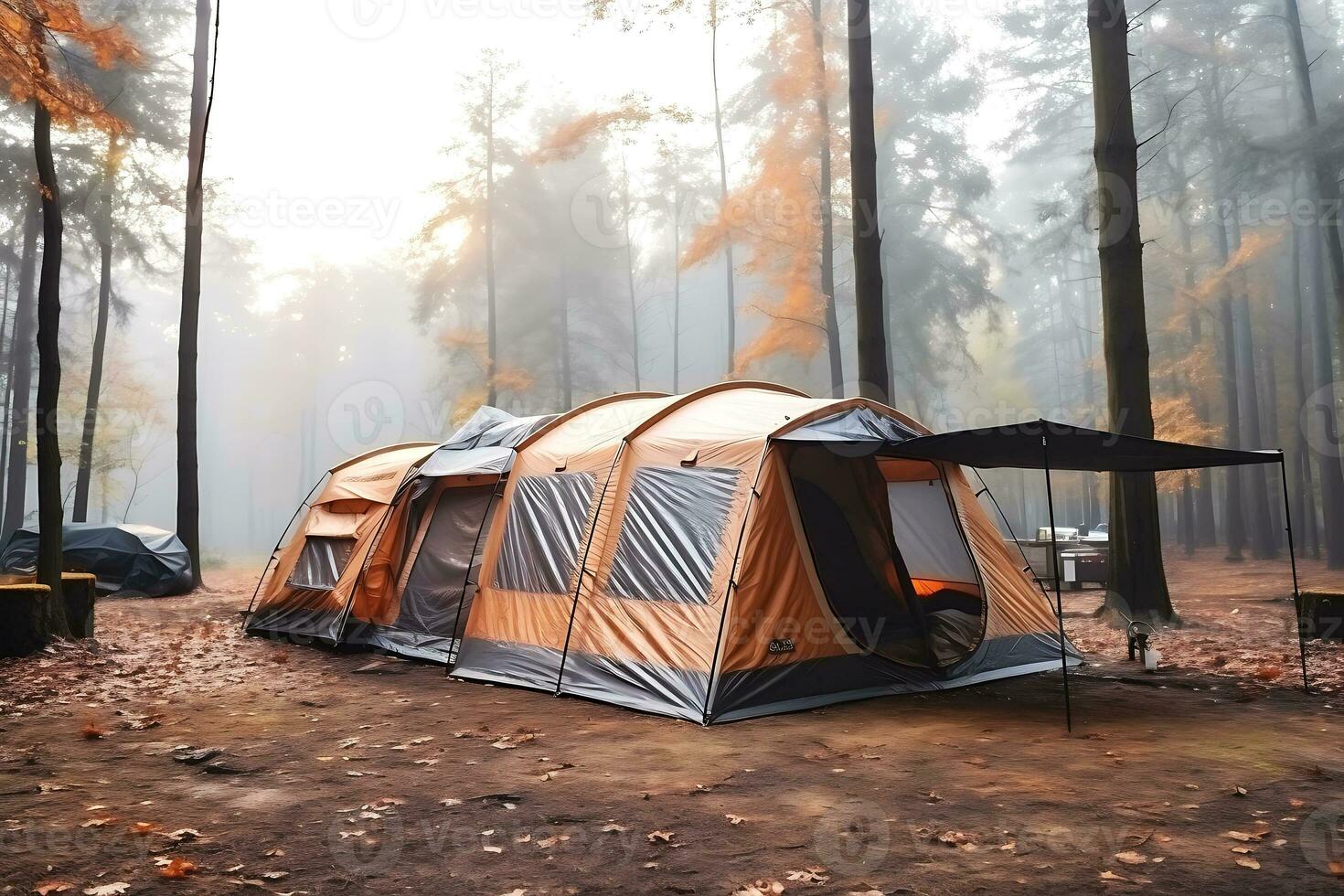 A large tourist tent stands in the middle of the forest in foggy rainy autumn weather. AI Generative photo