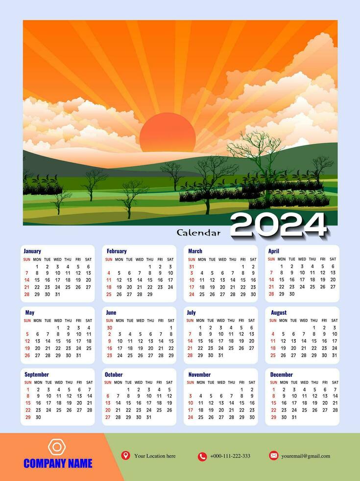 2024 uno página pared calendario diseño plantilla, moderno 12 meses uno página calendario. moderno pared calendario diseño 2024. impresión Listo uno página pared calendario modelo diseño para 2024. semana empieza en domingo. vector