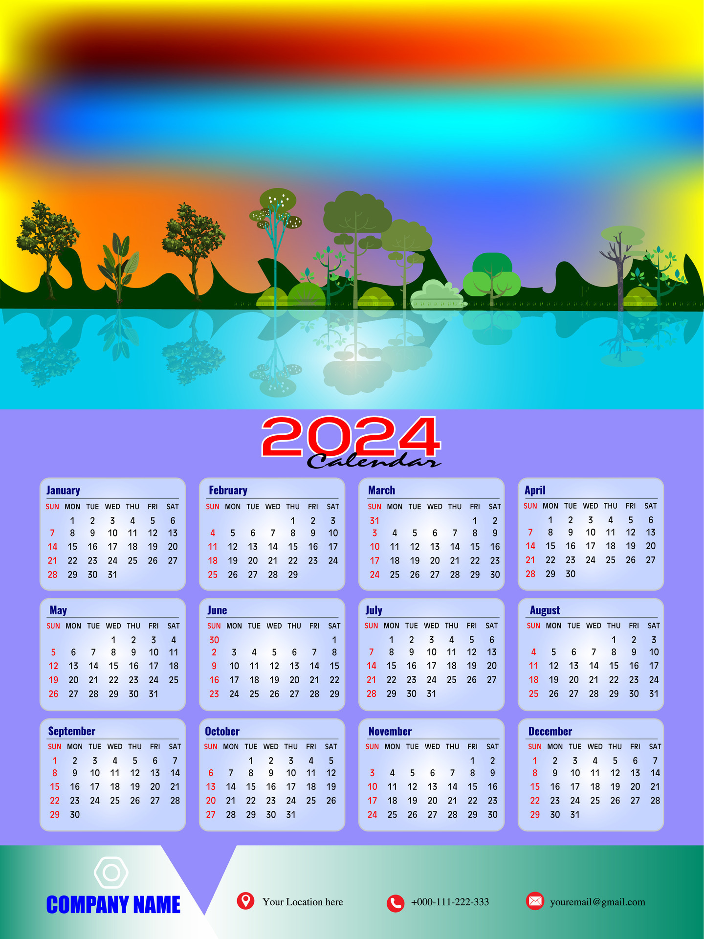 2024 One page wall calendar design template, modern 12 months one page