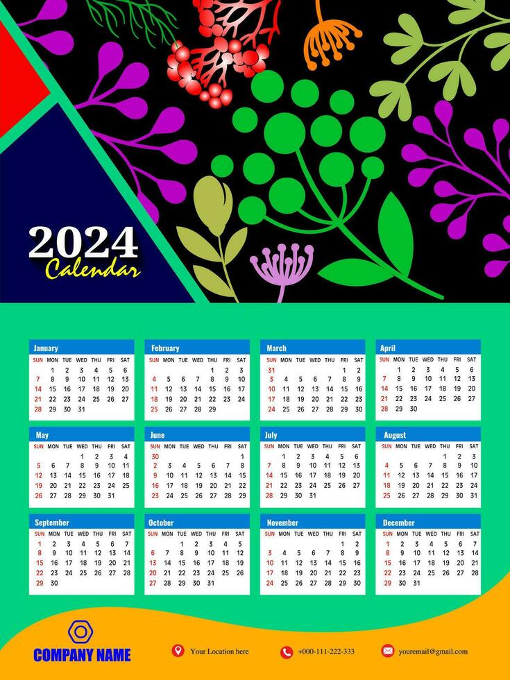 2024 One page wall calendar design template, modern 12 months one page calendar. Modern wall calendar design 2024. Print Ready One Page wall calendar template design for 2024. Week starts on Sunday. vector