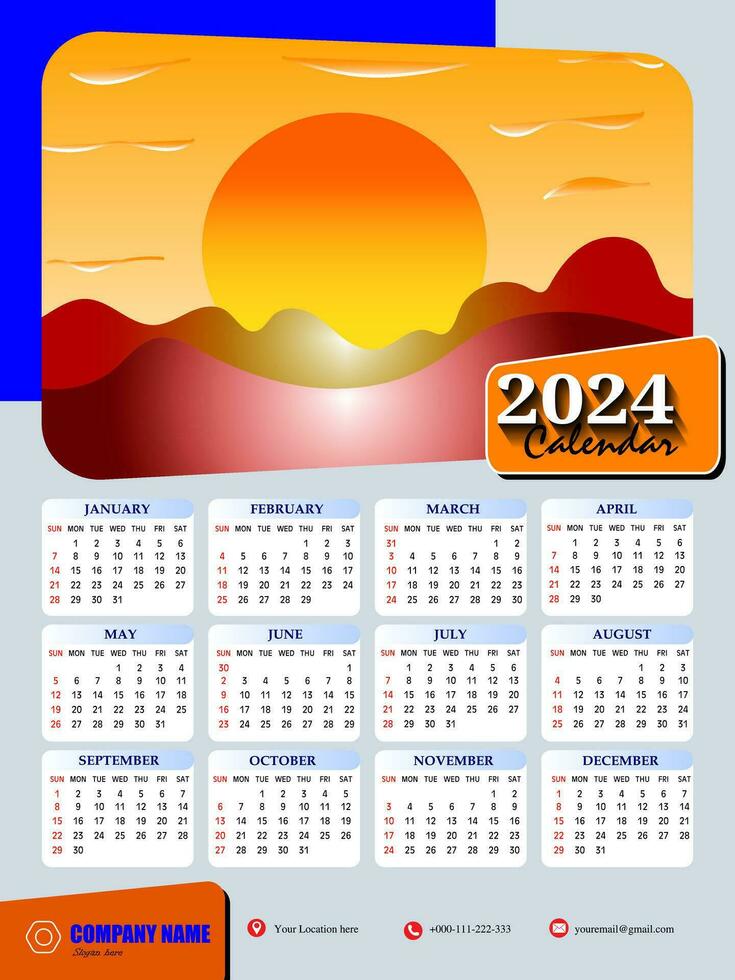 2024 uno página pared calendario diseño plantilla, moderno 12 meses uno página calendario. moderno pared calendario diseño 2024. impresión Listo uno página pared calendario modelo diseño para 2024. semana empieza en domingo. vector