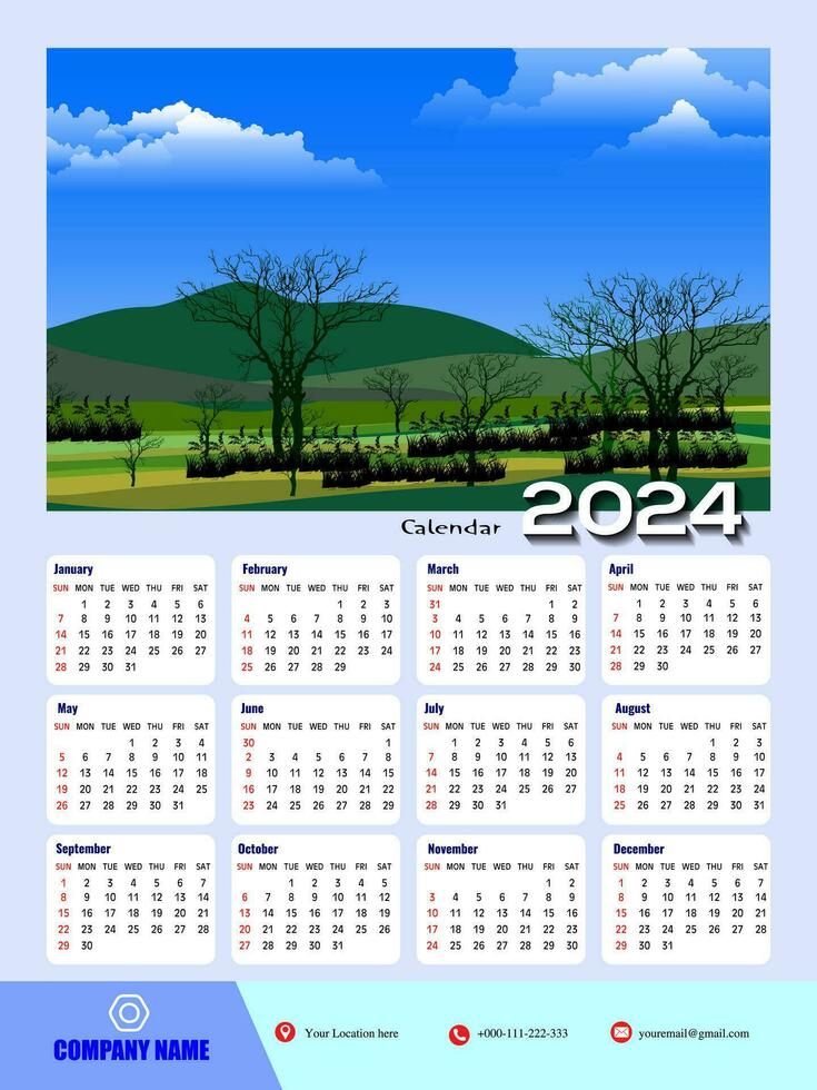 2024 One page wall calendar design template, modern 12 months one page calendar. Modern wall calendar design 2024. Print Ready One Page wall calendar template design for 2024. Week starts on Sunday. vector