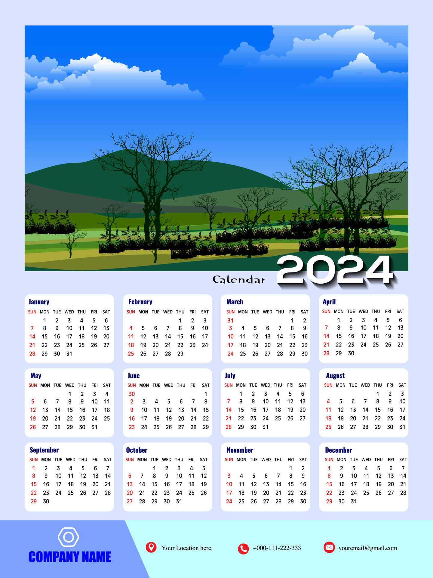 2024 One page wall calendar design template, modern 12 months one page