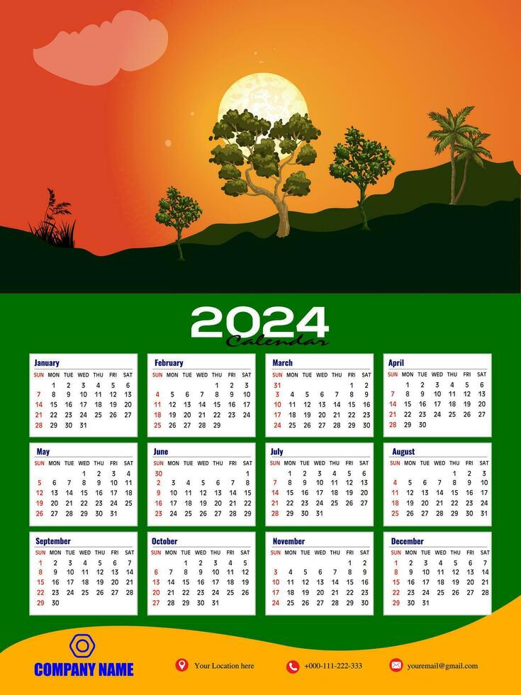 2024 One page wall calendar design template, modern 12 months one page calendar. Modern wall calendar design 2024. Print Ready One Page wall calendar template design for 2024. Week starts on Sunday. vector