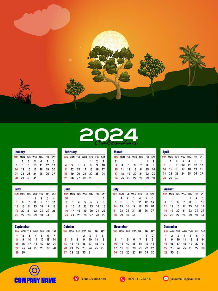 2024 uno página pared calendario diseño plantilla, moderno 12 meses uno página calendario. moderno pared calendario diseño 2024. impresión Listo uno página pared calendario modelo diseño para 2024. semana empieza en domingo. vector