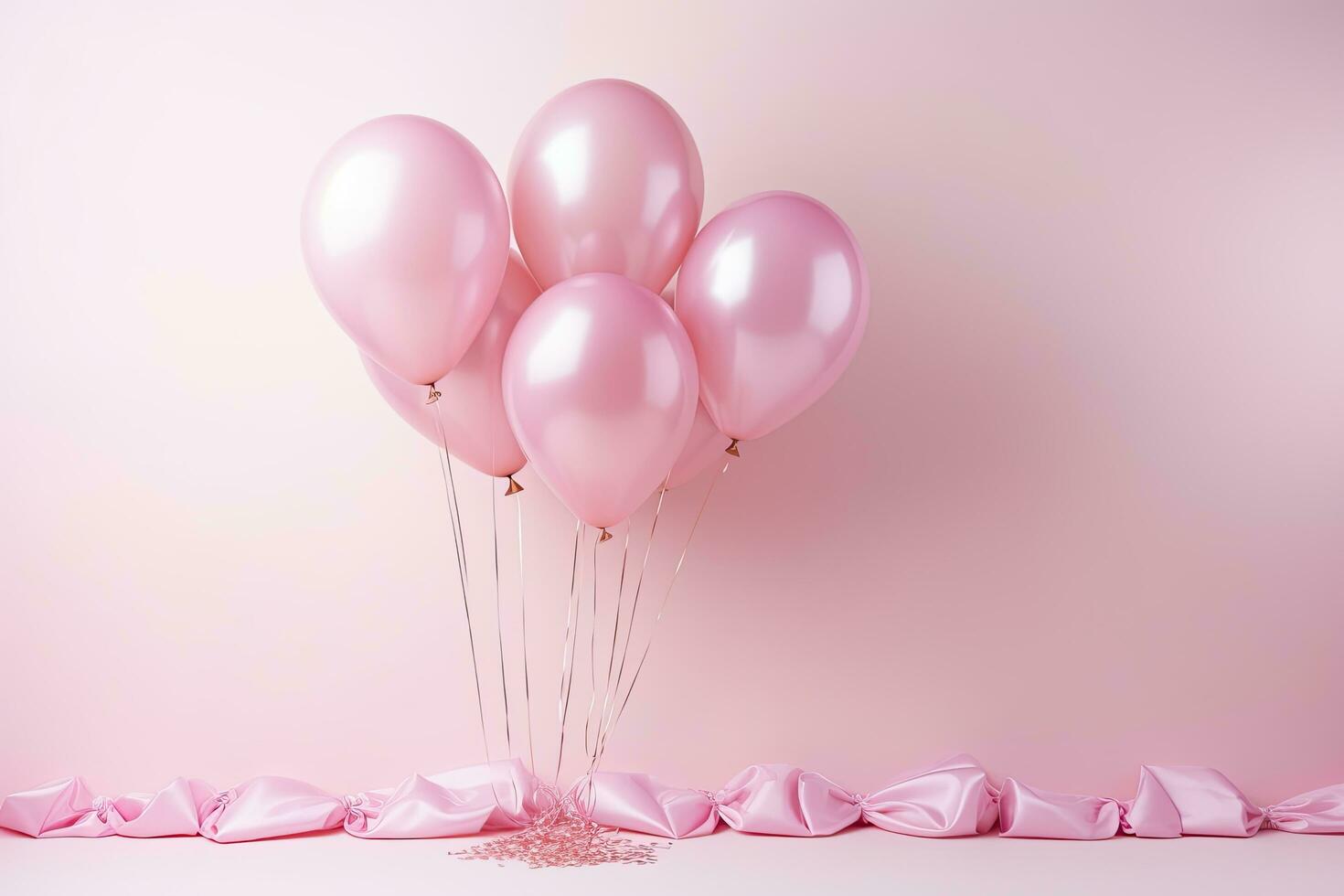 rosado globos y rosado cintas en pastel antecedentes con Copiar espacio, contento cumpleaños letras en rosado globos fondo, fiesta y celebracion concepto, ai generado foto