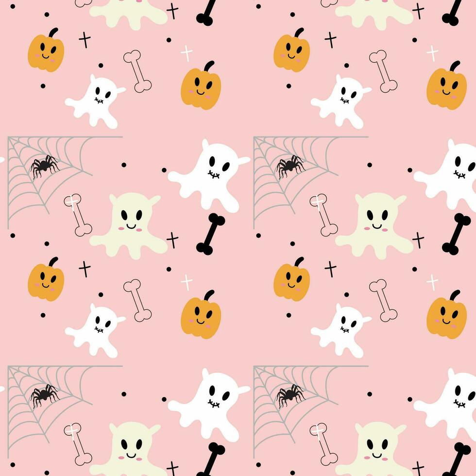 Halloween  pattern cute ghosts, spider web and pumpkins on a pink background. vector