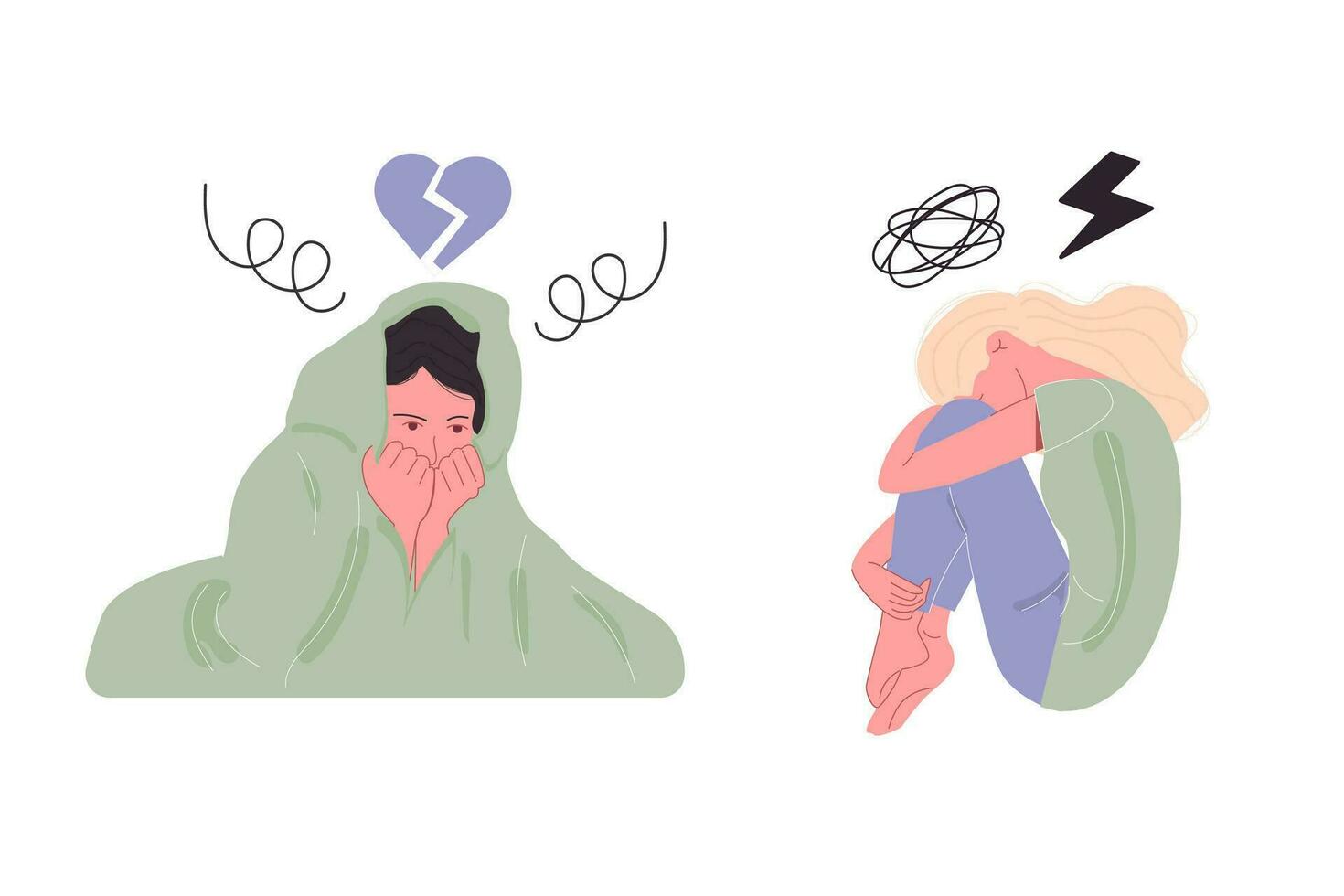 Depression mental health. A woman under a blanket and hugging herself vector