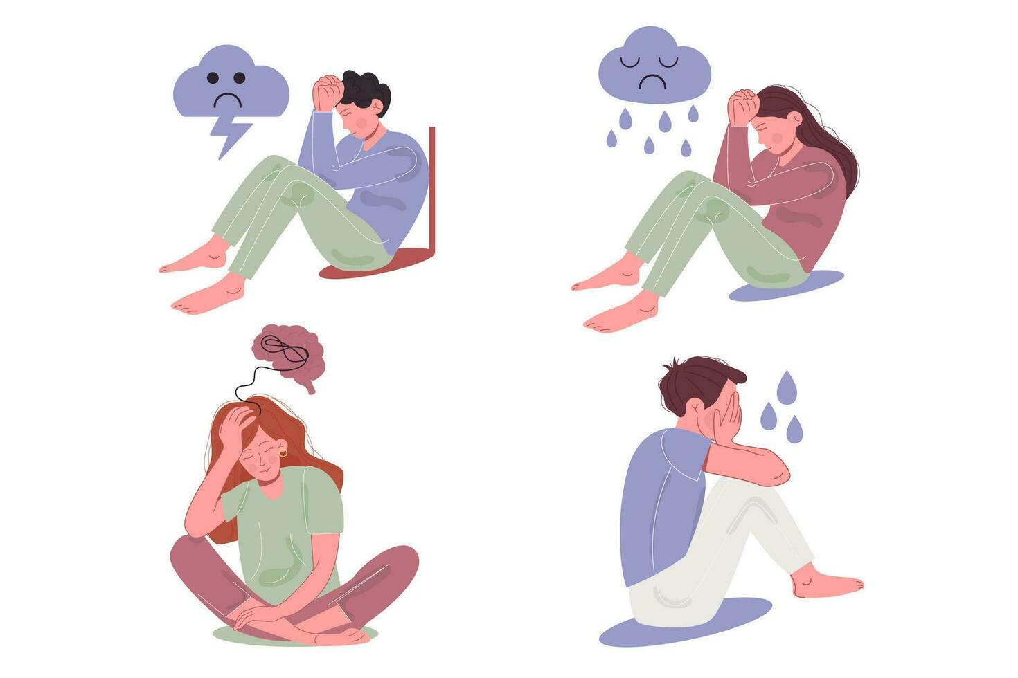 Set of man and woman depression mental health. vector