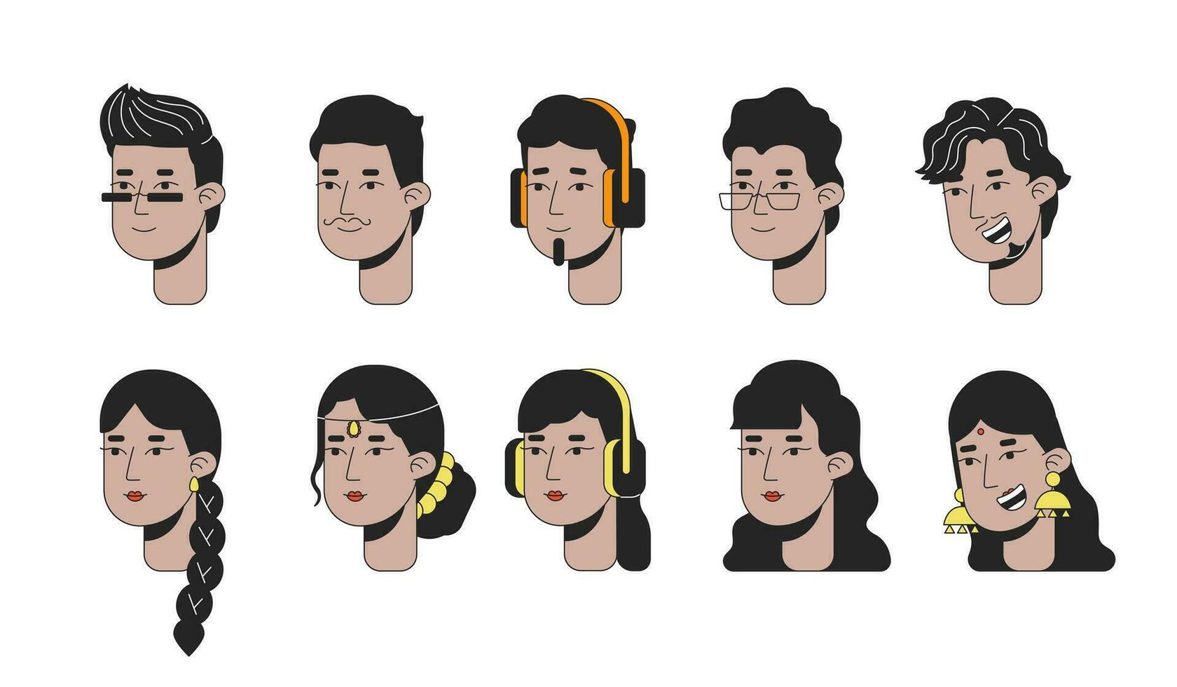 Indian modern 2D linear cartoon character faces set. Adults south asians isolated line vector heads people white background. Traditional hindu women, men color flat spot illustration collection