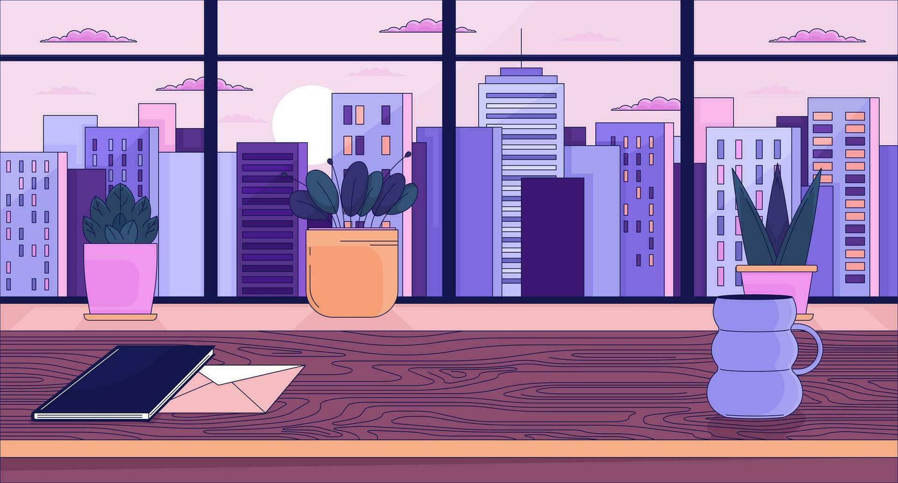 oficina escritorio con ventana paisaje urbano puesta de sol lofi fondo de pantalla. puesto de trabajo vacío, puesta del sol urbano 2d escena dibujos animados plano ilustración. antepecho plantas frío vector arte, lo fi estético vistoso antecedentes