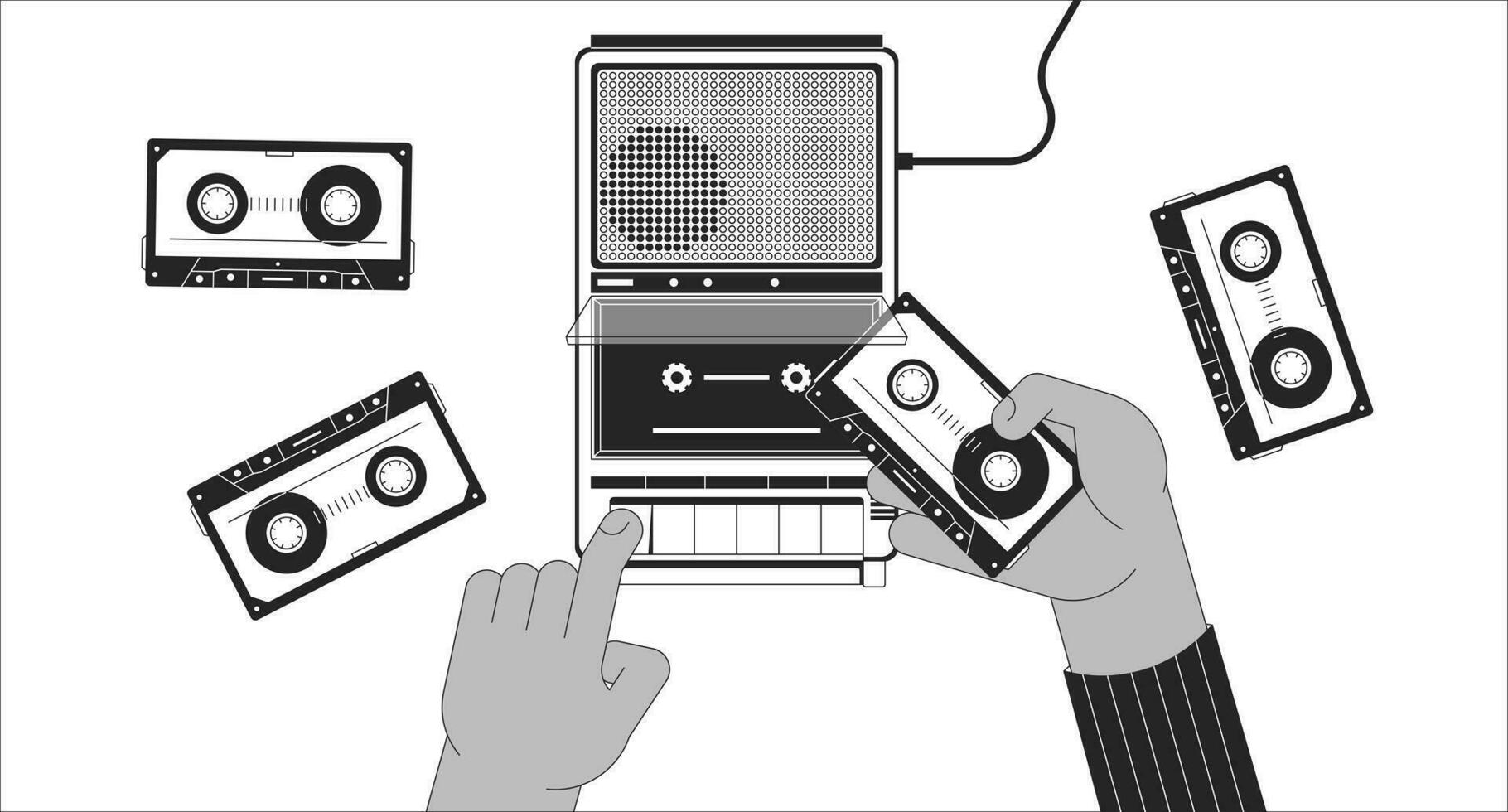 Inserting cassette tape into player black and white lofi wallpaper. Listening music 80s 2D outline hands cartoon flat illustration. Putting tape inside recorder vector line lo fi aesthetic background