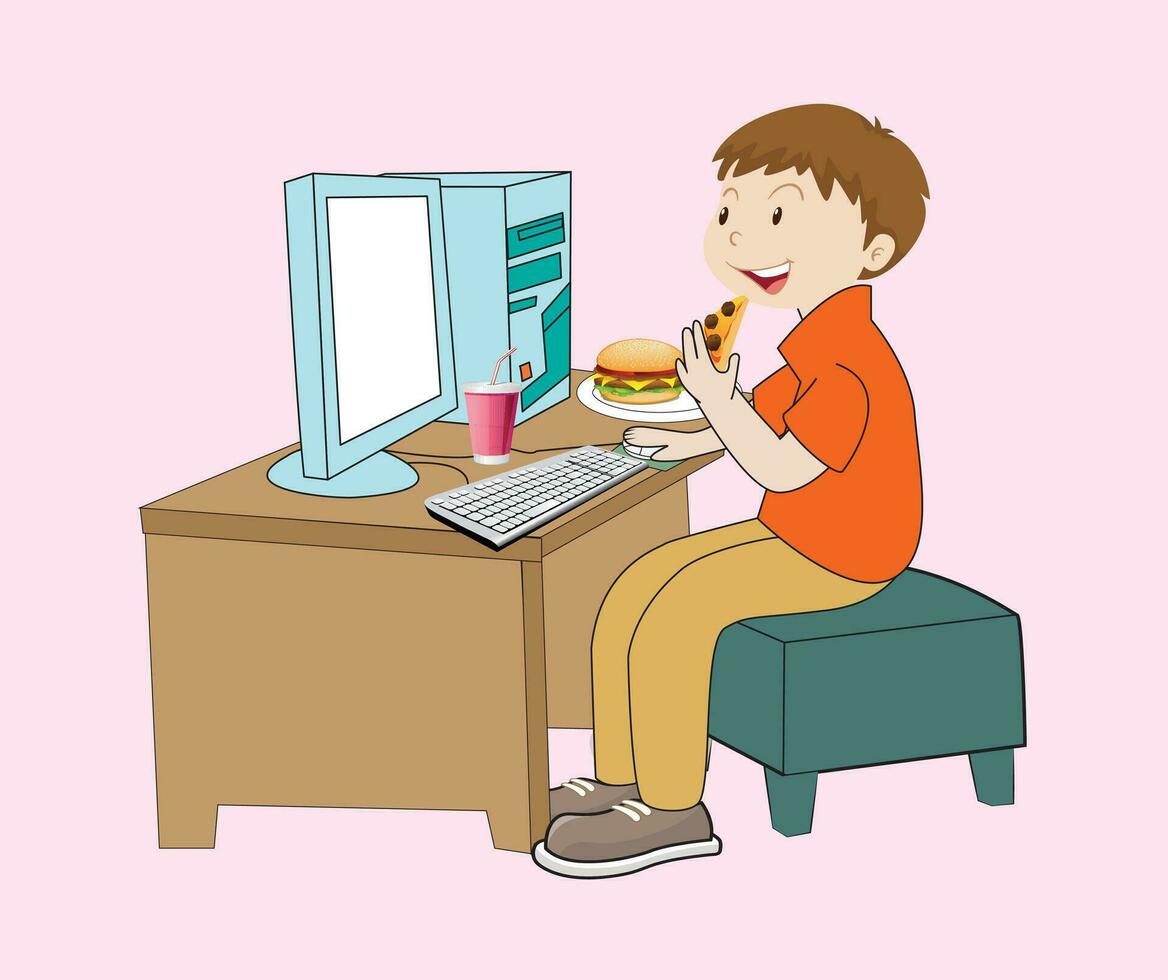 Boy eating fast food and pizza while using computer vector