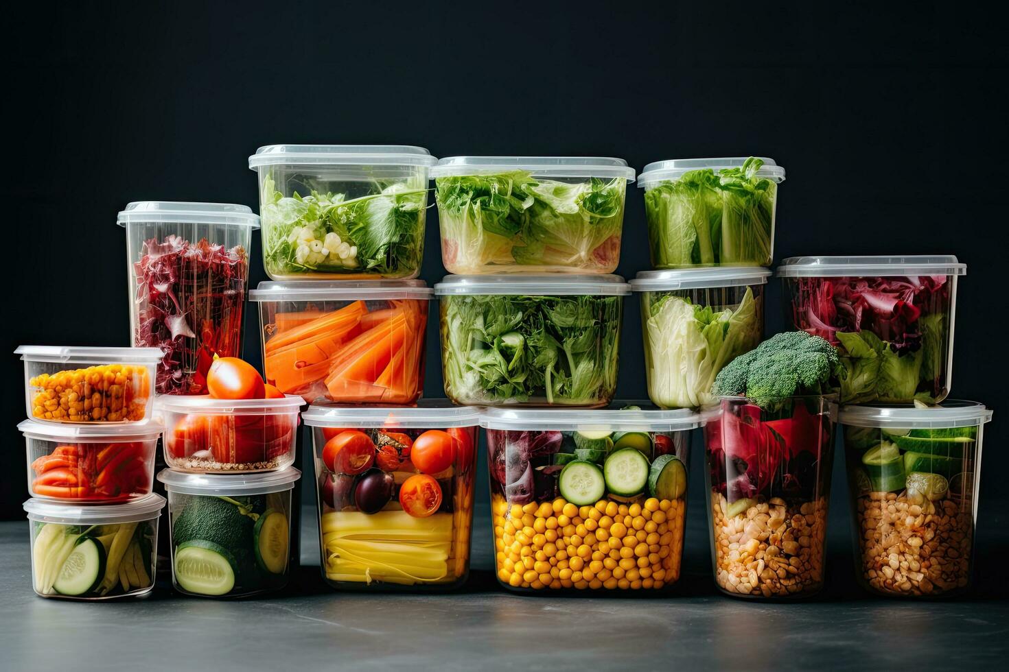 Healthy food in plastic containers on black background. Clean eating concept, Healthy eating concept. Assortment of healthy food in plastic containers, AI Generated photo