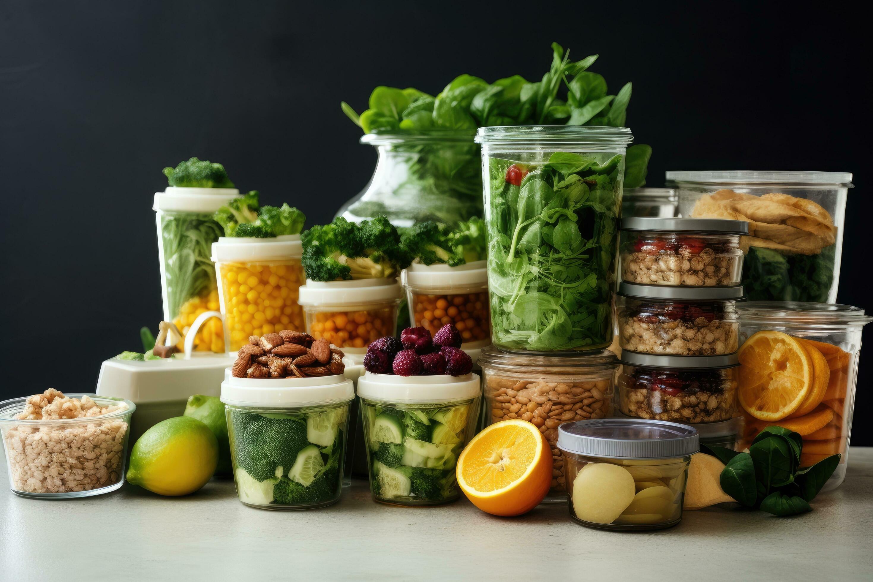Healthy food in jars on table against black background, closeup