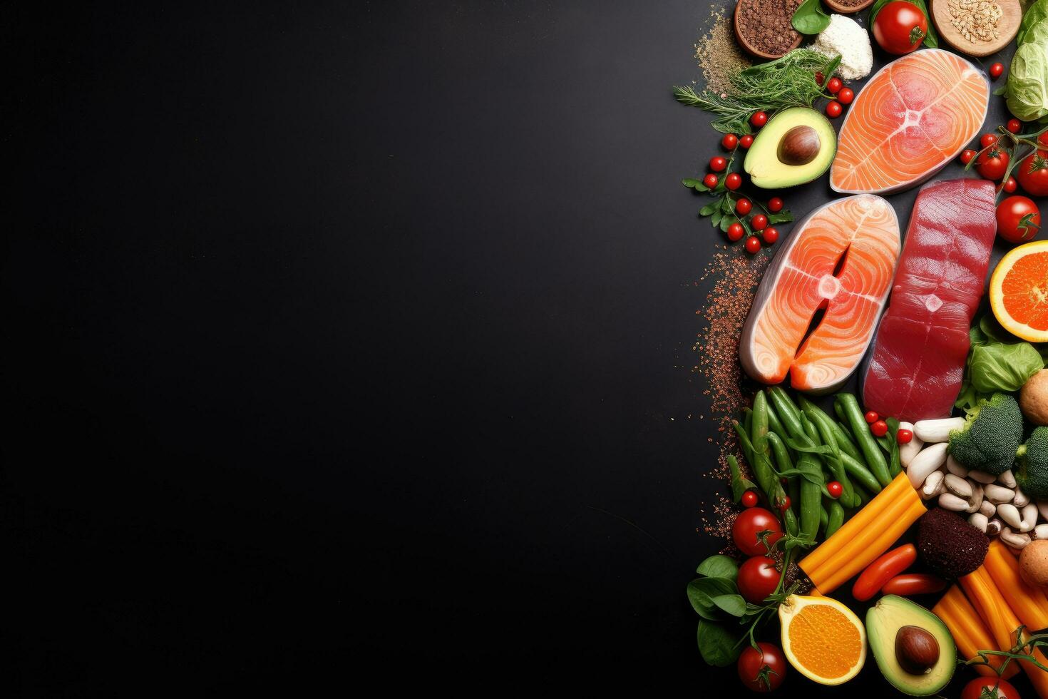 Healthy food background with fresh vegetables and meat on black table, top view, Healthy food clean eating selection fish, fruits, vegetables, cereals and nuts, AI Generated photo