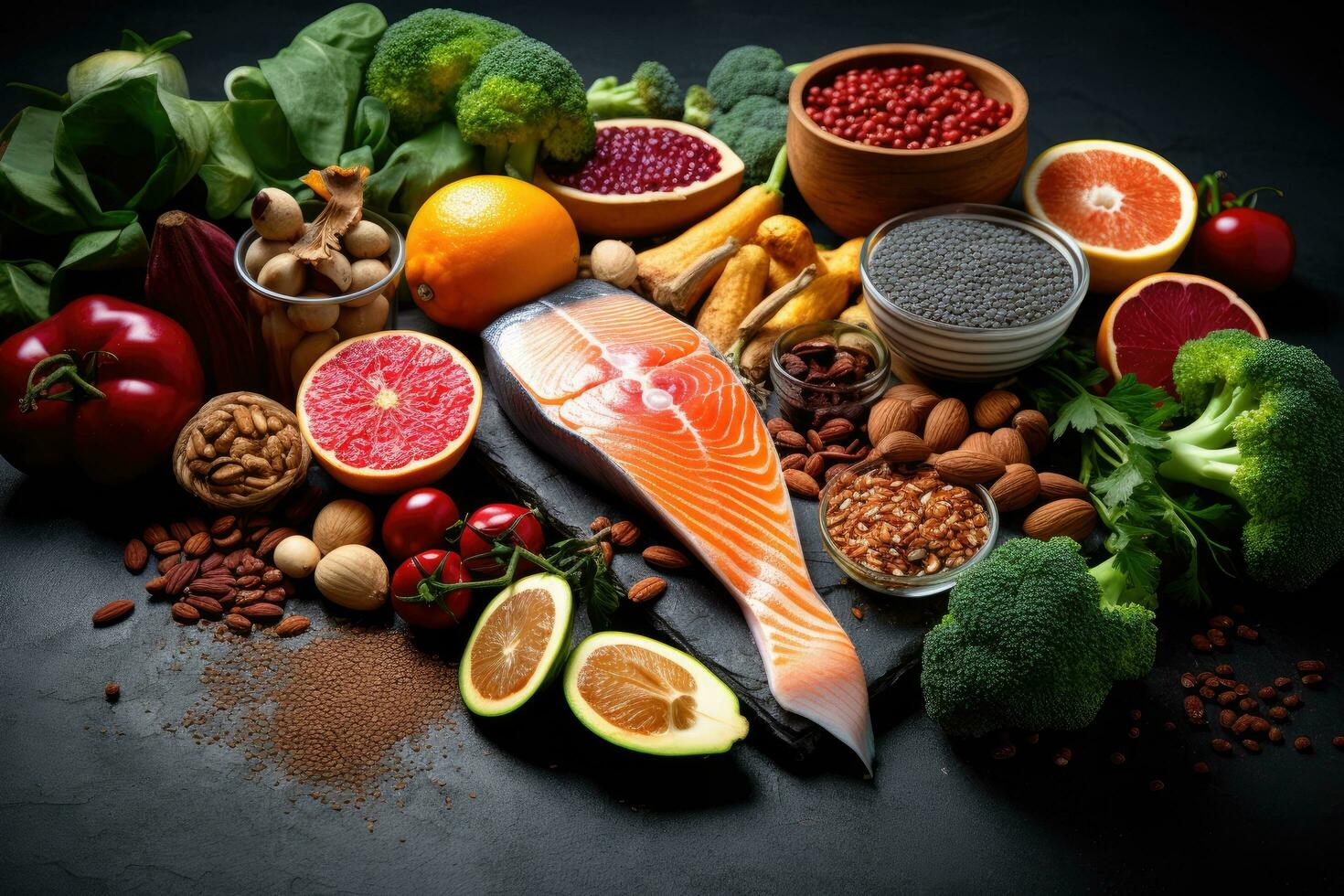 Healthy food clean eating selection fish, fruit, vegetable, legumes, superfoods on dark background, Healthy food clean eating selection fish, fruits, vegetables, cereals and nuts, AI Generated photo