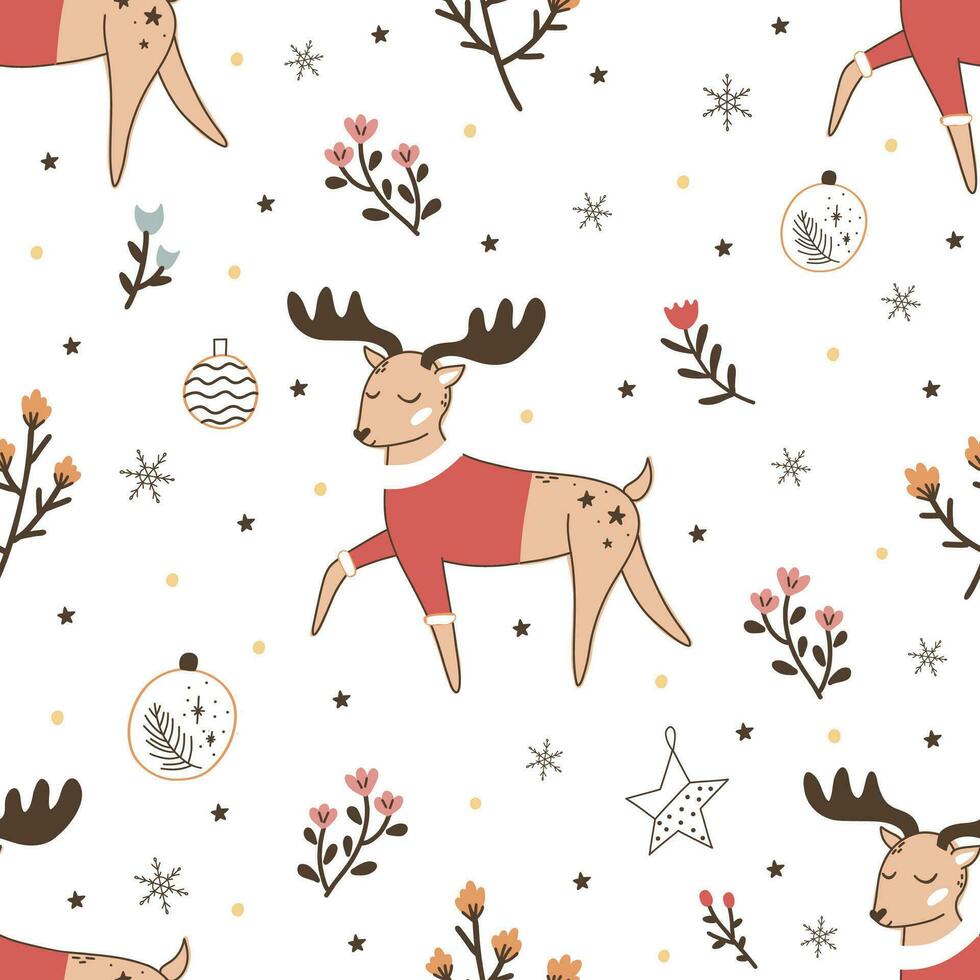 Cute seamless pattern Christmas, deer, toys, flowers. Vector isolated on white. Happy New Year