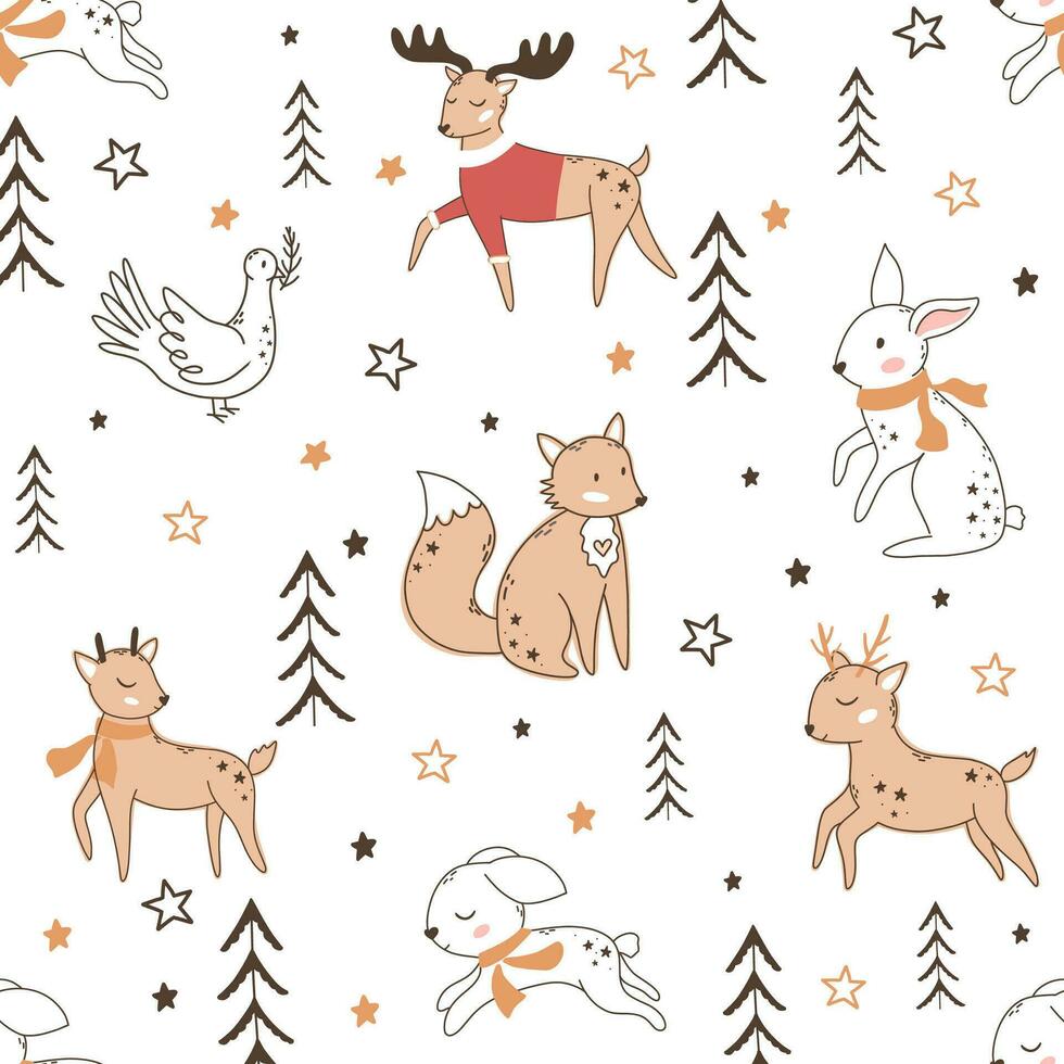 Cute seamless pattern Christmas tree, deer, hare, fox, elk, flowers. Happy New Year vector