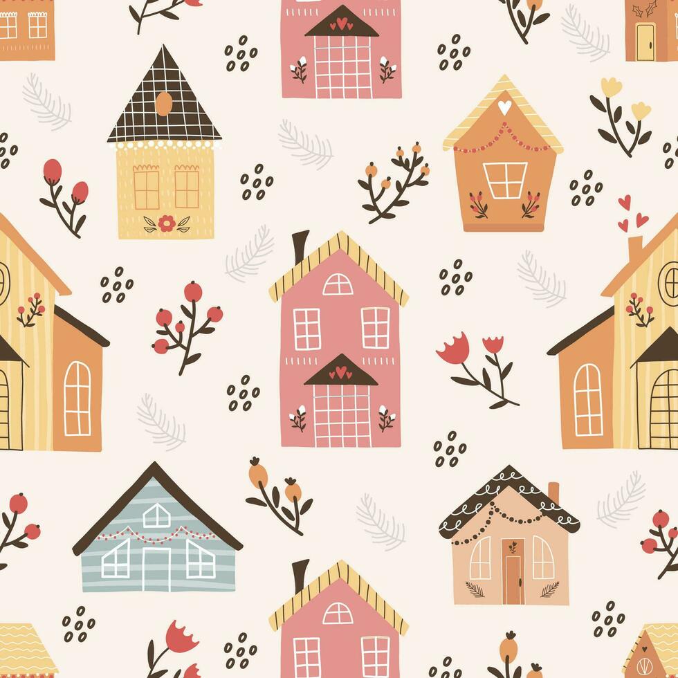 Christmas seamless pattern with doodle style houses vector