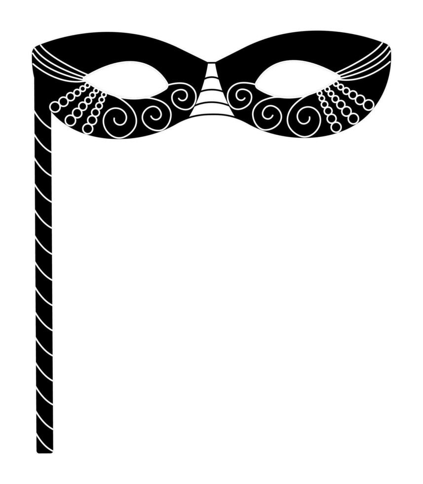 Black masquerade mask with a stick, black and white vector illustration for Purim holiday