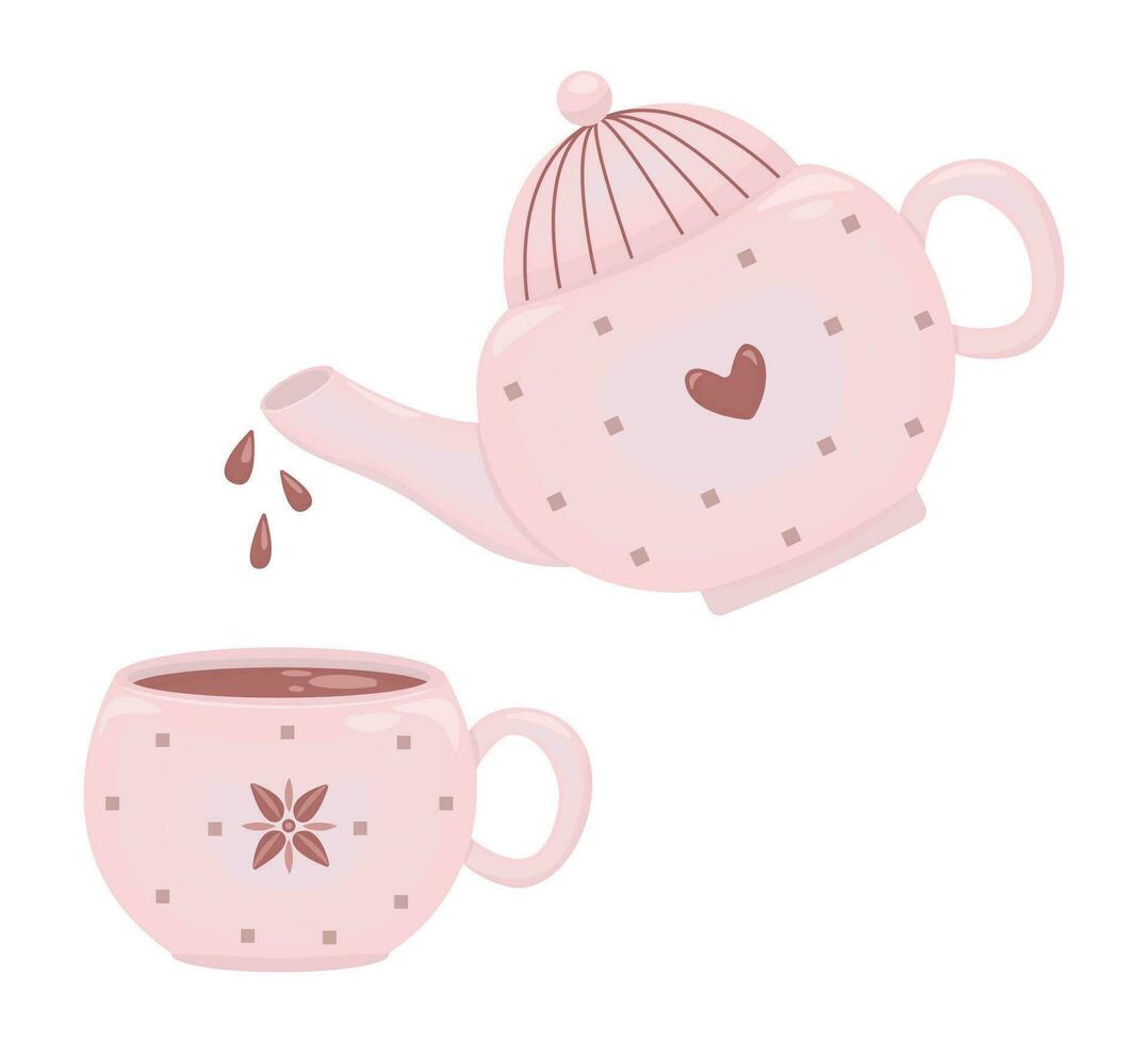 Hot chocolate drink in pink teapot and cup, cute vector illustration