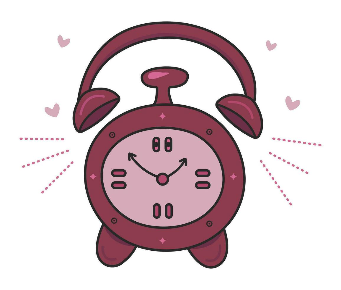 Cute black line color alarm clock, round table timer, doodle in burgundy and pink shades, vector cartoon illustration