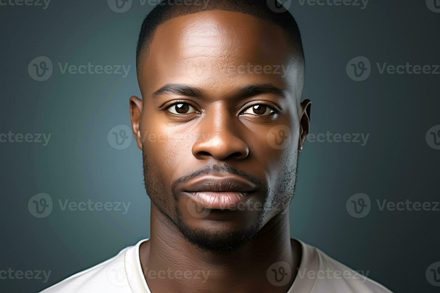 A young African American man in a white t-shirt poses against a dark background. man looking at camera.  AI Generative photo